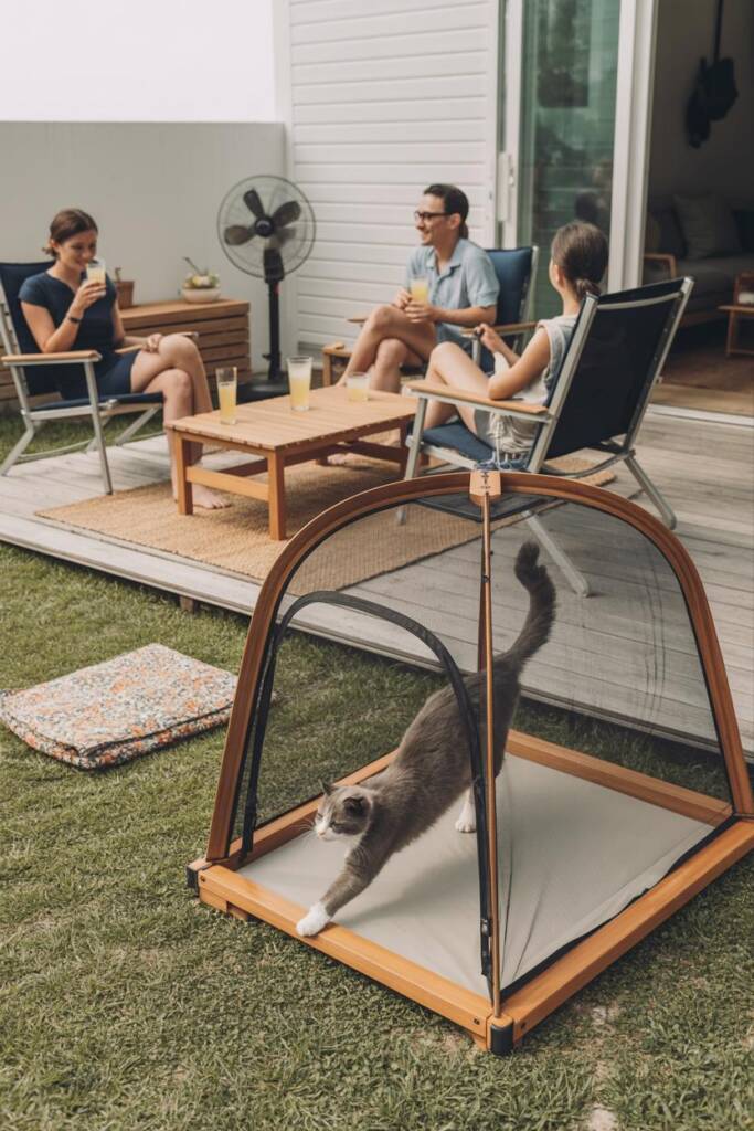 Portable mesh tent on a grassy patio rug with a gray cat inside; picnic blanket nearby; folding chairs with guests chatting;