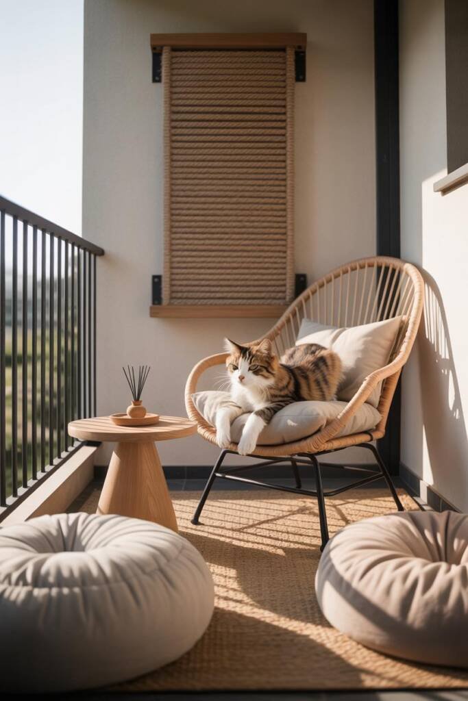 Neutral meditation area with cotton floor cushions, rounded pouf, sisal scratcher, and low stable seating, designed cat safe
