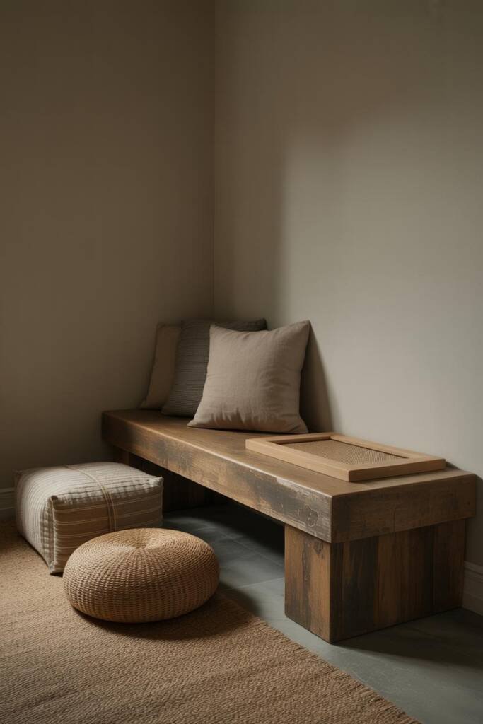Neutral meditation area with cotton floor cushions, rounded pouf, sisal scratcher, and low stable seating, designed cat safe