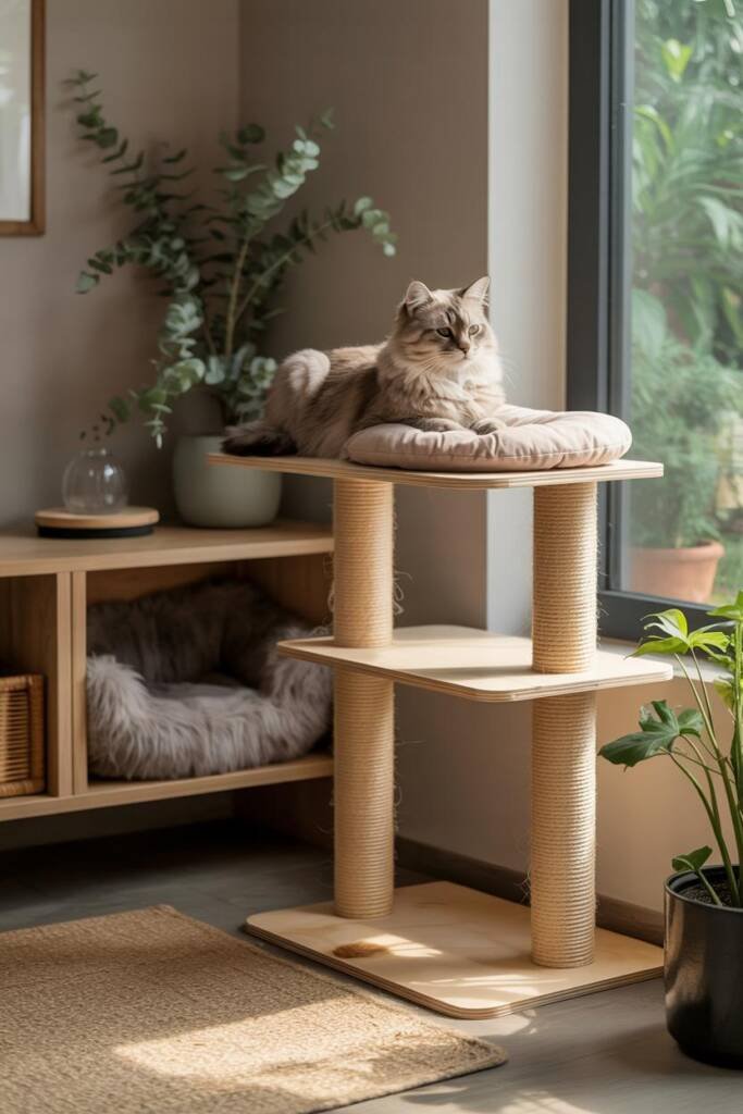 Modern meditation room with compact cat tree and faux-fur bed tucked into a bookshelf cubby beside yoga mat cat calming space
