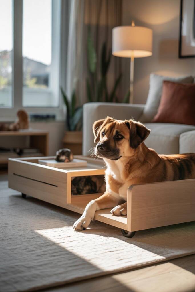 Stylish DIY pet furniture piece integrated into home decor, showcasing multi-purpose design.