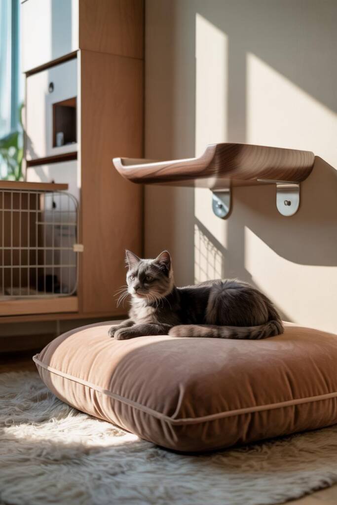 Calm meditation corner with soft cushions, plush rug, and wall-mounted cat perch, styled in warm tones for shared relaxation