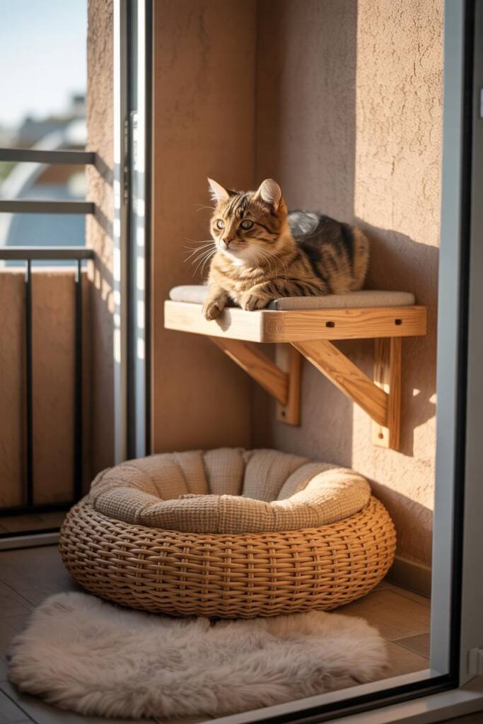 Calm meditation corner with soft cushions, plush rug, and wall-mounted cat perch, styled in warm tones for shared relaxation