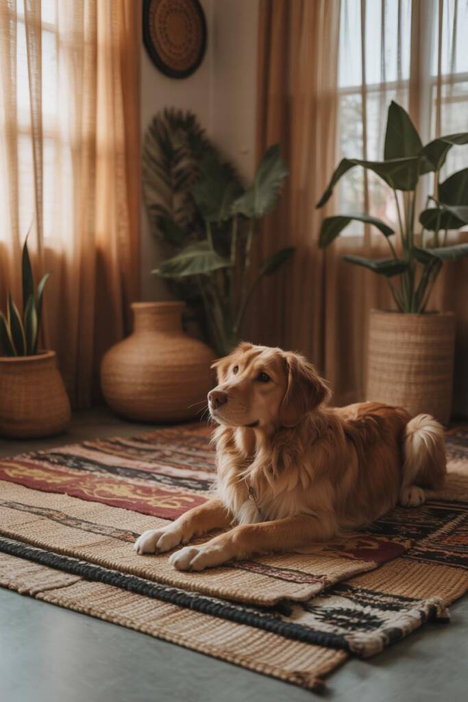 Pet-friendly dhurries, jute, and coir rugs in an Indian home setting, emphasizing style and practicality.