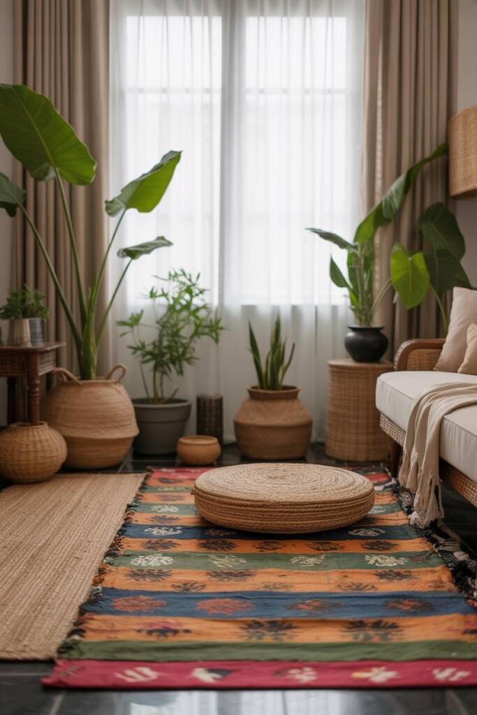 Pet-friendly dhurries, jute, and coir rugs in an Indian home setting, emphasizing style and practicality.