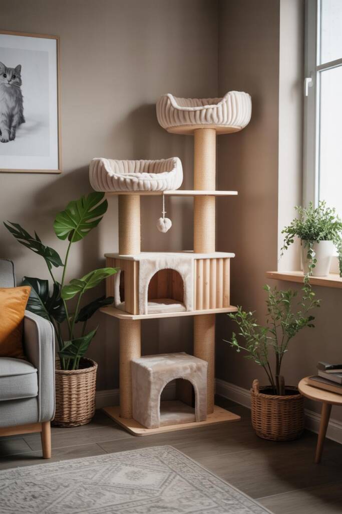 Cozy DIY cat tree in a stylish apartment corner with natural wood and plush elements.