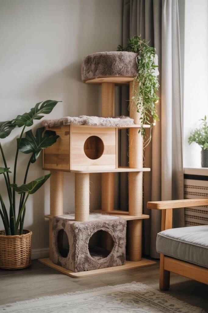 Cozy DIY cat tree in a stylish apartment corner with natural wood and plush elements.
