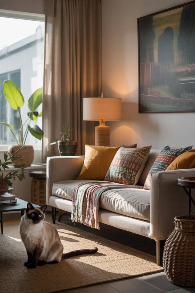 A cozy living room featuring block-print cushion covers and washable throws on a sofa.