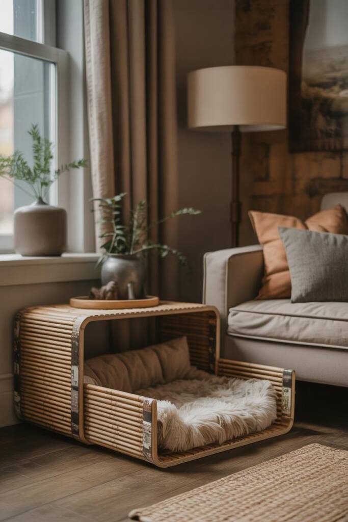A stylish and sustainable DIY pet furniture setup using recycled materials.