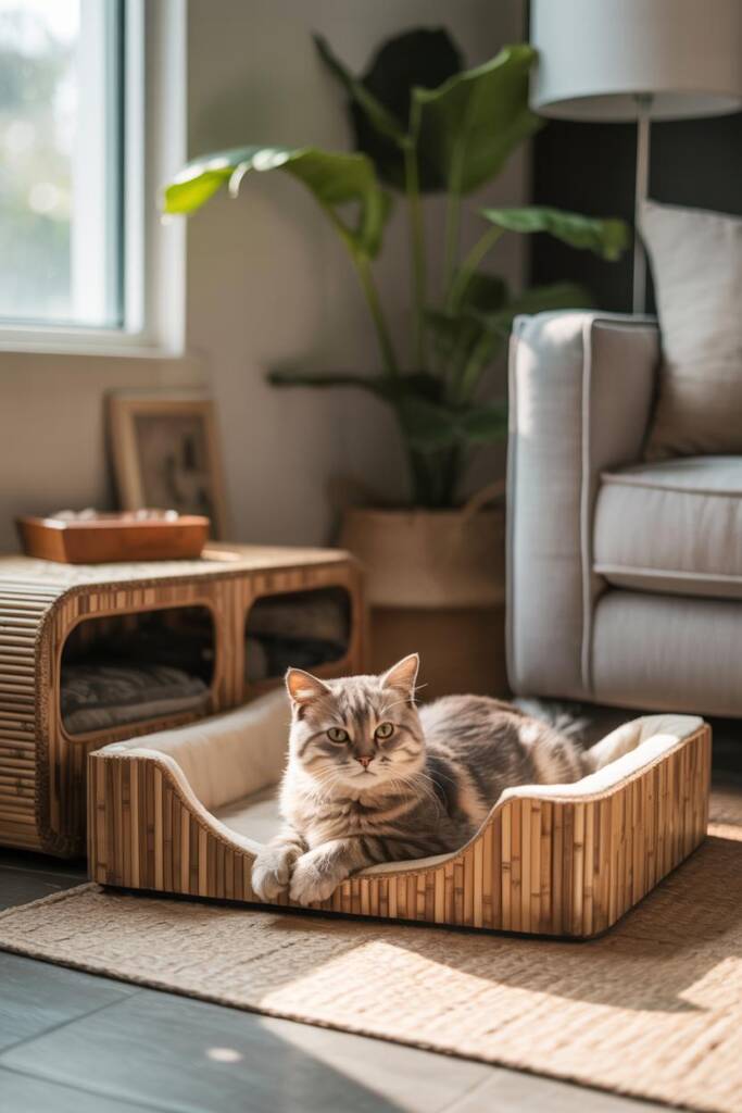 A stylish and sustainable DIY pet furniture setup using recycled materials.
