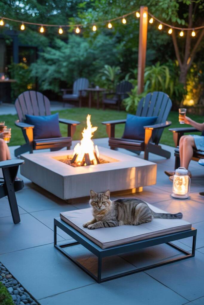 Patio fire pit surrounded by Adirondack chairs; off to the side a plush cat lounger with a sleepy tabby; glowing lanterns; gu