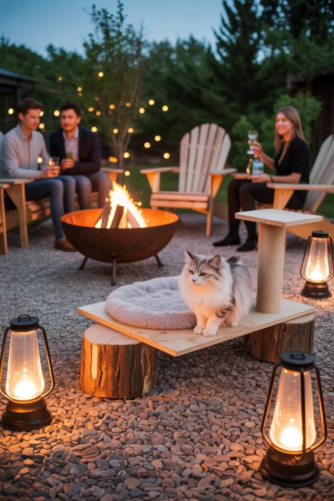 Patio fire pit surrounded by Adirondack chairs; off to the side a plush cat lounger with a sleepy tabby; glowing lanterns; gu