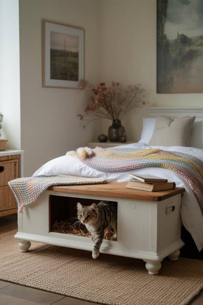 Wooden trunk bench with crochet throw at foot of bed, discreet side opening for cat litter box; cottagecore rug, dried flower