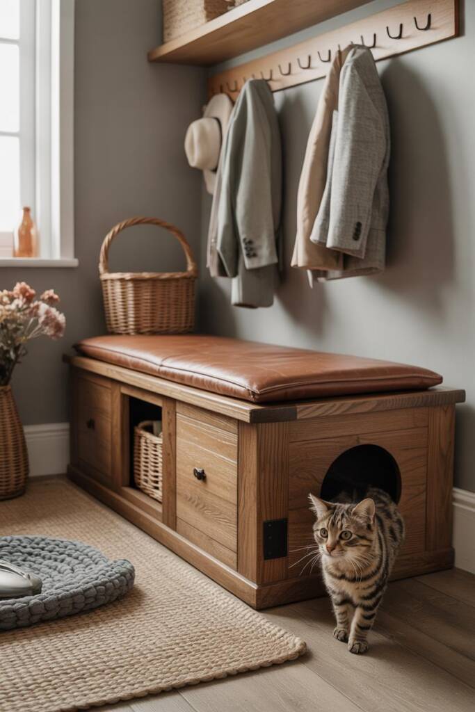 Wooden trunk bench with crochet throw at foot of bed, discreet side opening for cat litter box; cottagecore rug, dried flower