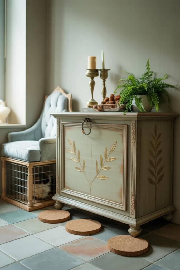 Decorative carved chest with antique candlesticks and quills on top, storing cat toys beside a regal perch in a cozy corner L