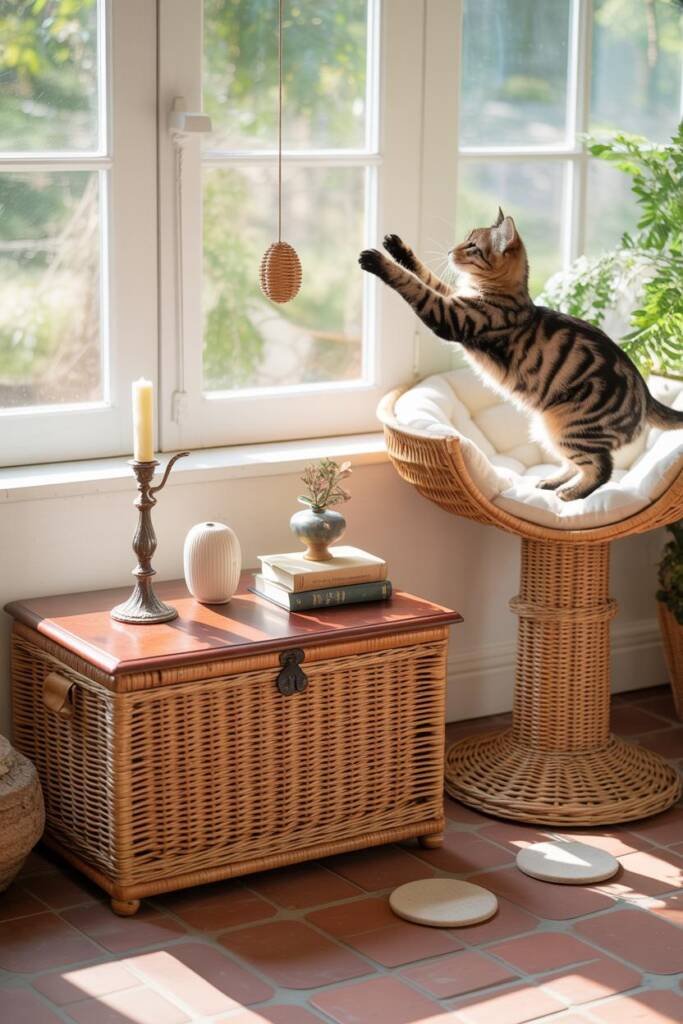 Decorative carved chest with antique candlesticks and quills on top, storing cat toys beside a regal perch in a cozy corner L