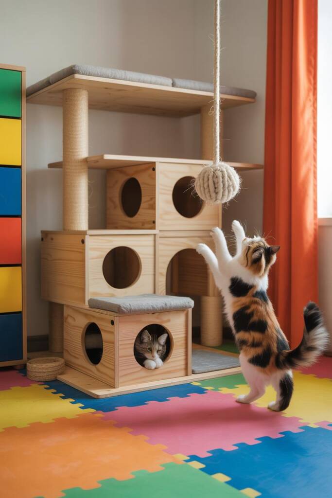 Interactive cat trees with tunnels and peek-holes create the ultimate hide-and-seek hub where kids and cats can bond through
