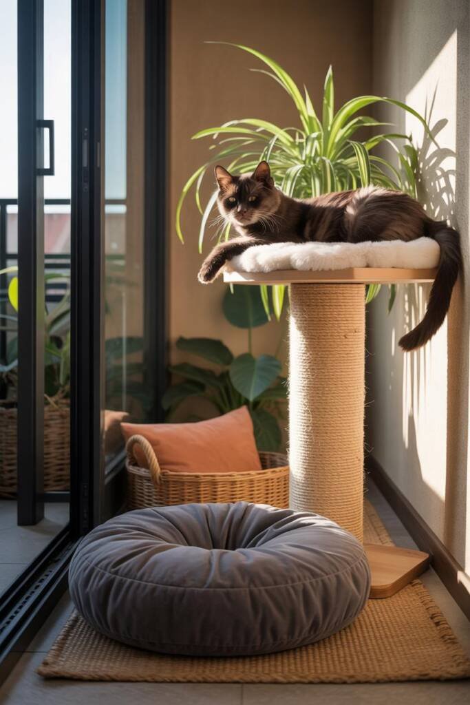 Minimalist meditation nook with bamboo mat, wicker basket, and cat-safe plants like spider plant beside cozy floor pillows pe