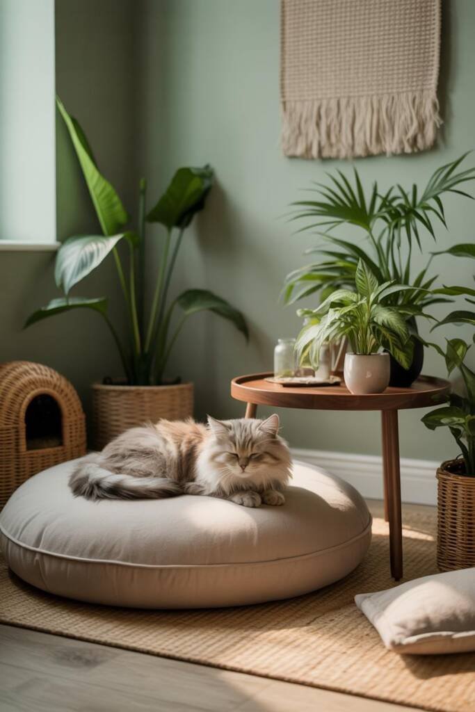 Minimalist meditation nook with bamboo mat, wicker basket, and cat-safe plants like spider plant beside cozy floor pillows pe