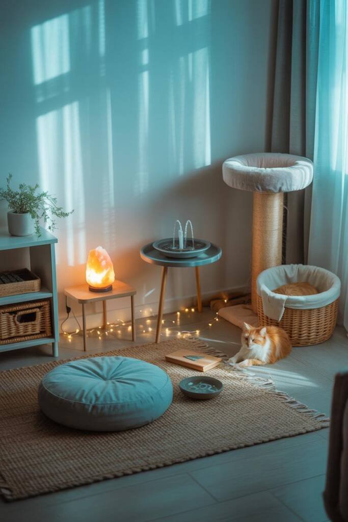 Soft blue-green meditation space with fairy lights, Himalayan salt lamp, and tabletop water fountain, cat resting nearby zen