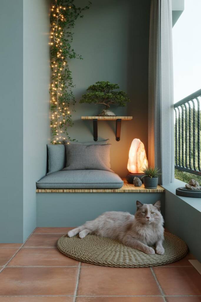 Soft blue-green meditation space with fairy lights, Himalayan salt lamp, and tabletop water fountain, cat resting nearby zen