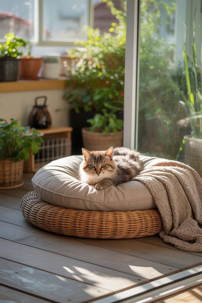 Peaceful meditation corner with floor cushion and cat curled in lap, soft natural light filtering in for calm atmosphere mind