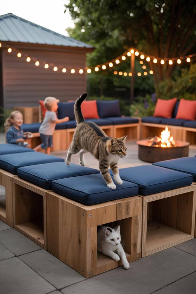 Sectional outdoor seating arranged as cubes with cushions; cats hopping across pieces; kids playing nearby; bold-colored cush