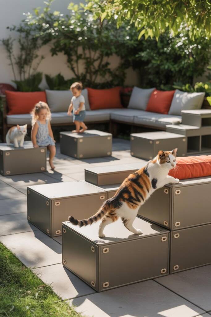 Sectional outdoor seating arranged as cubes with cushions; cats hopping across pieces; kids playing nearby; bold-colored cush