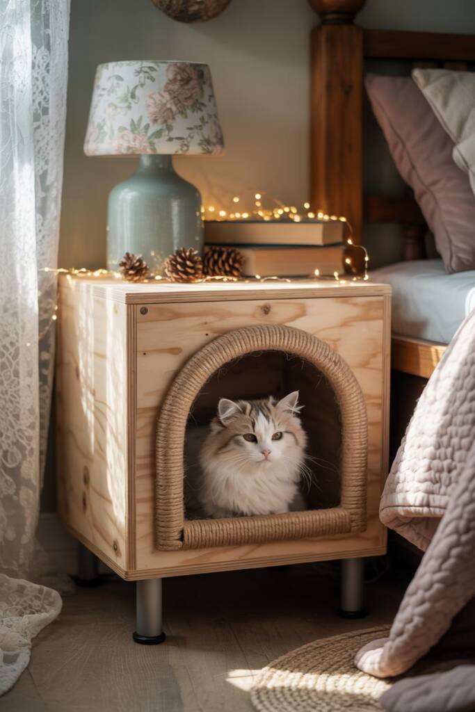 Wooden nightstand with built-in cat cubby; top styled with floral lampshade, stacked books, glowing fairy lights; quilted bed