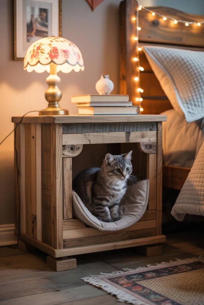 Wooden nightstand with built-in cat cubby; top styled with floral lampshade, stacked books, glowing fairy lights; quilted bed