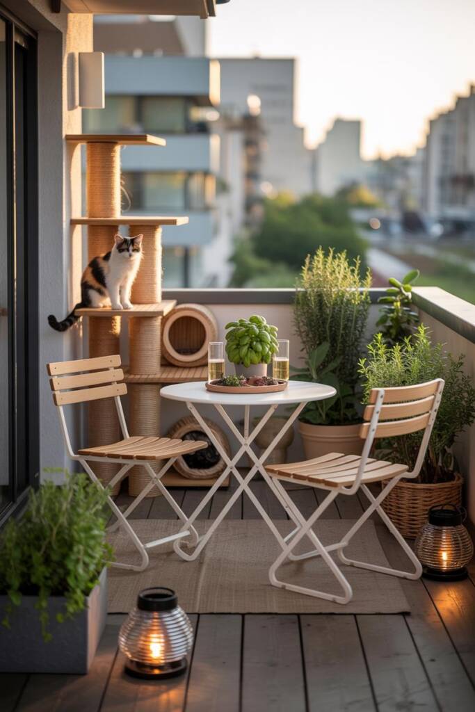 Chic balcony with compact bistro table for two beside a weather-resistant multi-level cat tree; planters with basil and catni