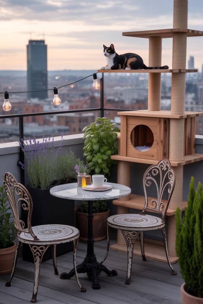Chic balcony with compact bistro table for two beside a weather-resistant multi-level cat tree; planters with basil and catni