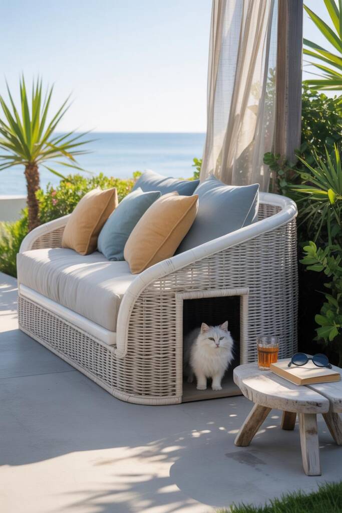 Modern patio daybed with gray cushions and bright pillows; beneath it, a wooden cubby with a cat peeking out; drinks and snac
