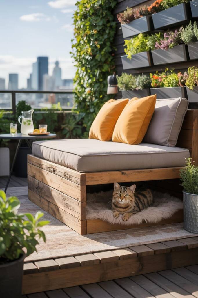 Modern patio daybed with gray cushions and bright pillows; beneath it, a wooden cubby with a cat peeking out; drinks and snac