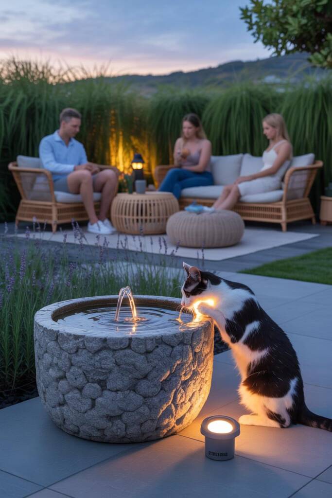 Stone water fountain bubbling in center of patio; sleek recirculating design; a black-and-white cat drinking from shallow edg
