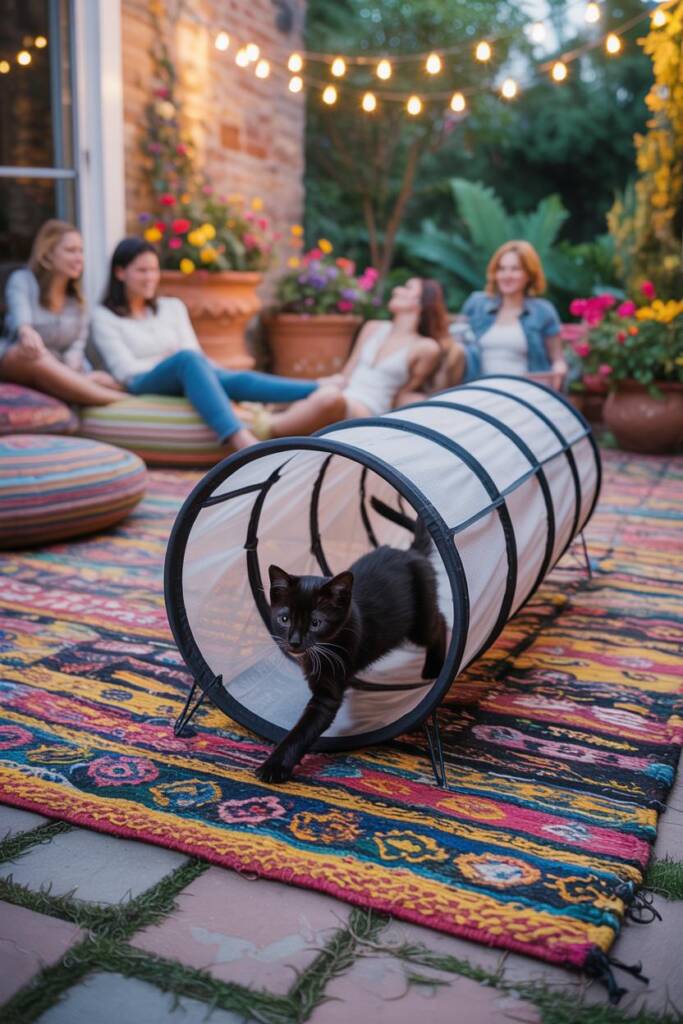 Outdoor woven rug with colorful patterns spread across patio; collapsible cat tunnel on top with a playful kitten inside; gue