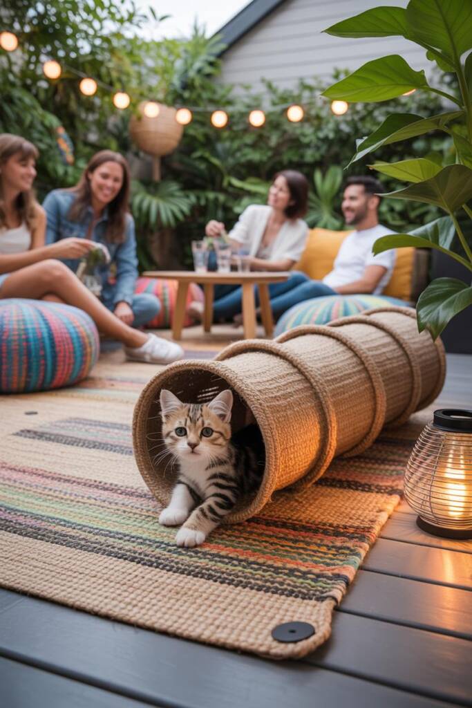 Outdoor woven rug with colorful patterns spread across patio; collapsible cat tunnel on top with a playful kitten inside; gue