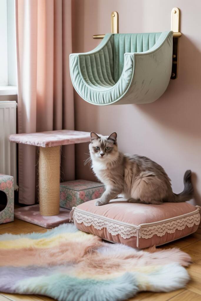 Airy pastel-themed cat nook with blush pinks, mint accents, floral toy boxes, and lace-trimmed cushions styled for soft elega