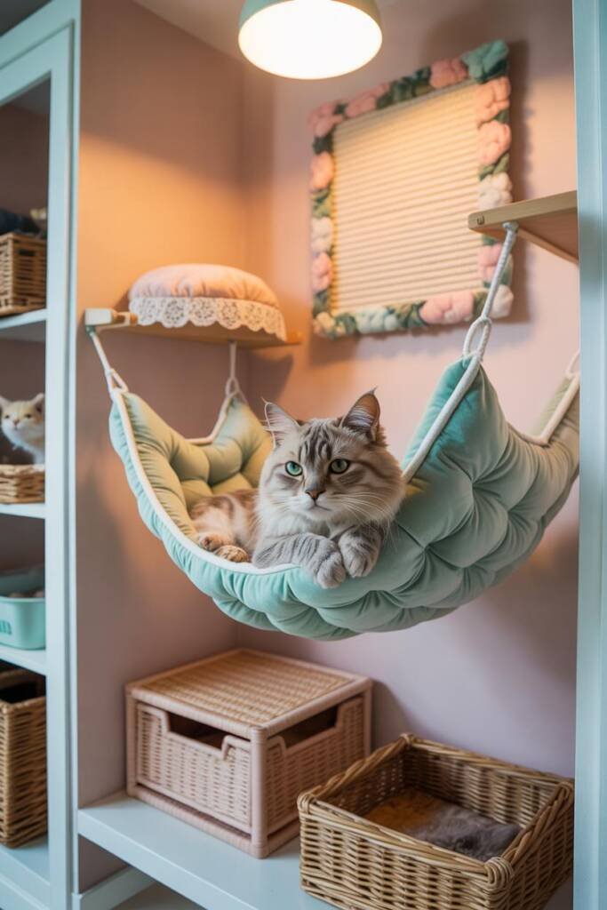 Airy pastel-themed cat nook with blush pinks, mint accents, floral toy boxes, and lace-trimmed cushions styled for soft elega