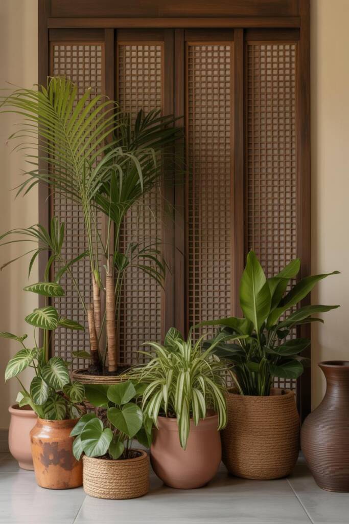 Pet-safe plants in terracotta planters, stylishly arranged in modern Indian home decor.