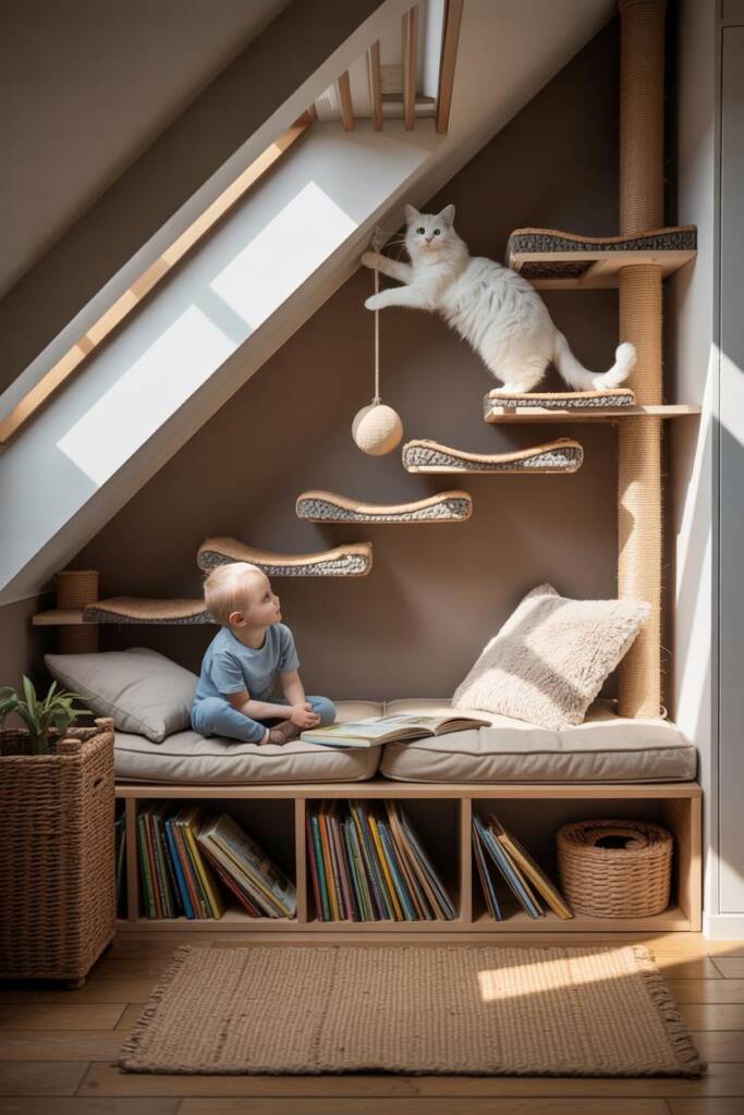 Transform story time with a cat tree that doubles as a reading nook. Kids read below while cats perch above, creating cozy sh