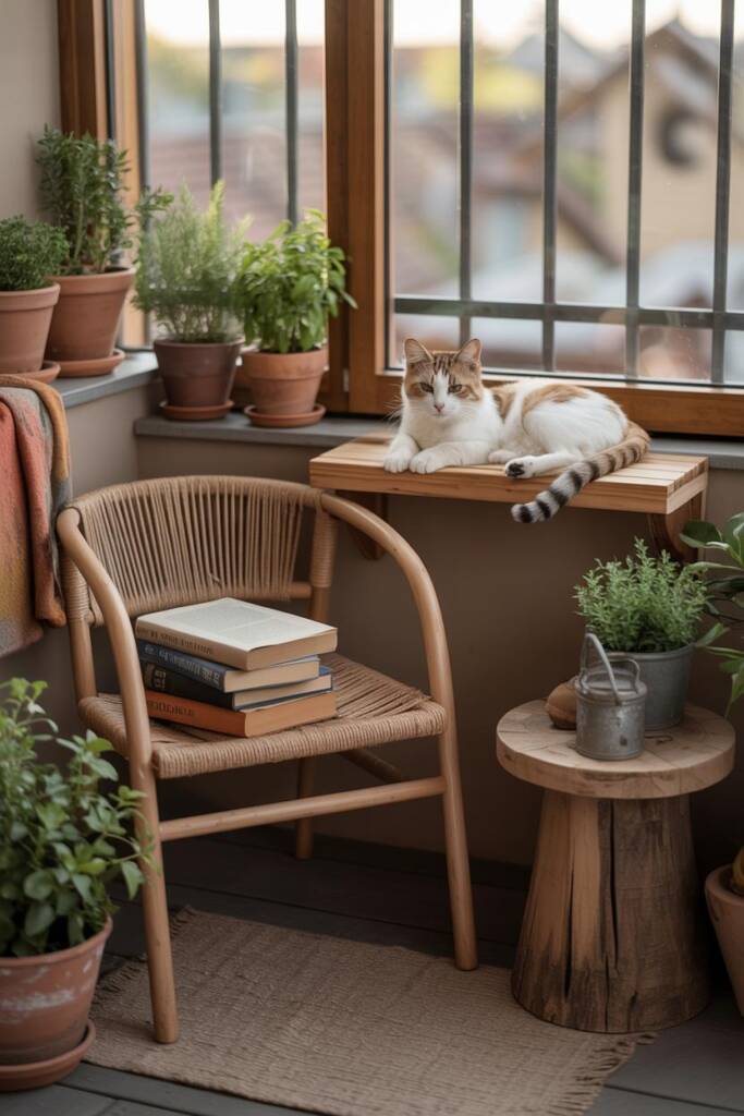 Small patio with wicker chair, basket of books, and a window perch where a white cat lies; potted plants beside chair; soft t