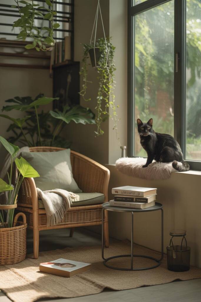 Small patio with wicker chair, basket of books, and a window perch where a white cat lies; potted plants beside chair; soft t