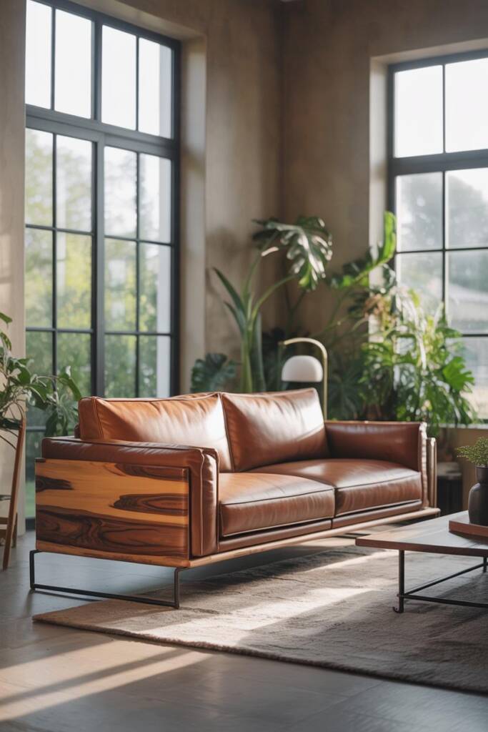 A stylish living room with a scratch-resistant sofa and solid wood frame, perfect for humid climates.