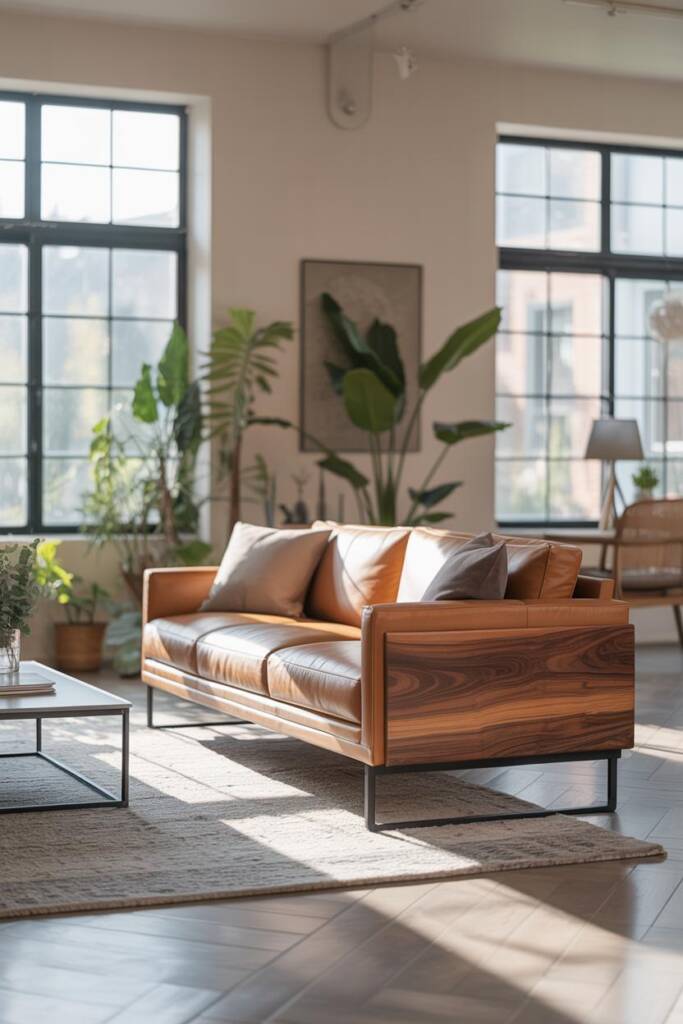 A stylish living room with a scratch-resistant sofa and solid wood frame, perfect for humid climates.
