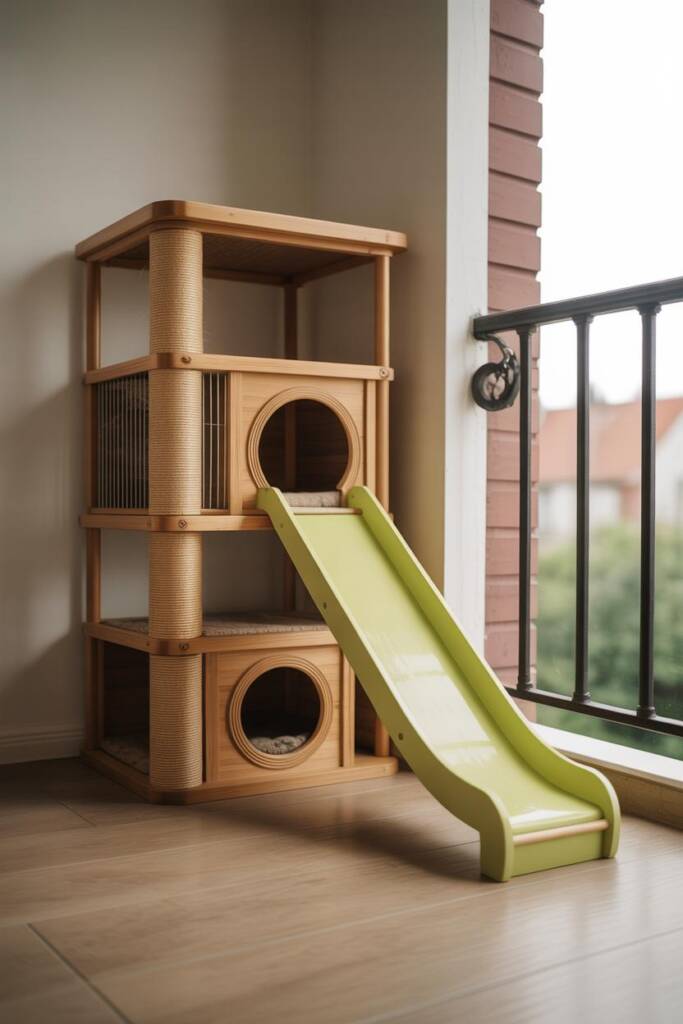 Upgrade playtime with a cat tower that features a slide for kids and scratching ramps for cats. One space, endless fun for th