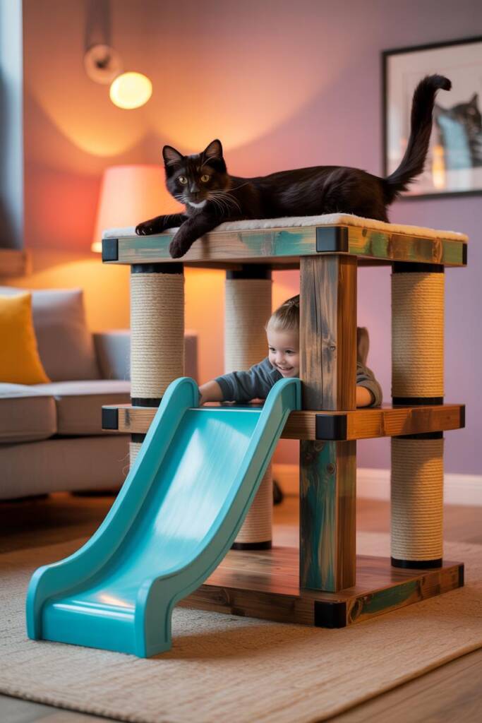Upgrade playtime with a cat tower that features a slide for kids and scratching ramps for cats. One space, endless fun for th