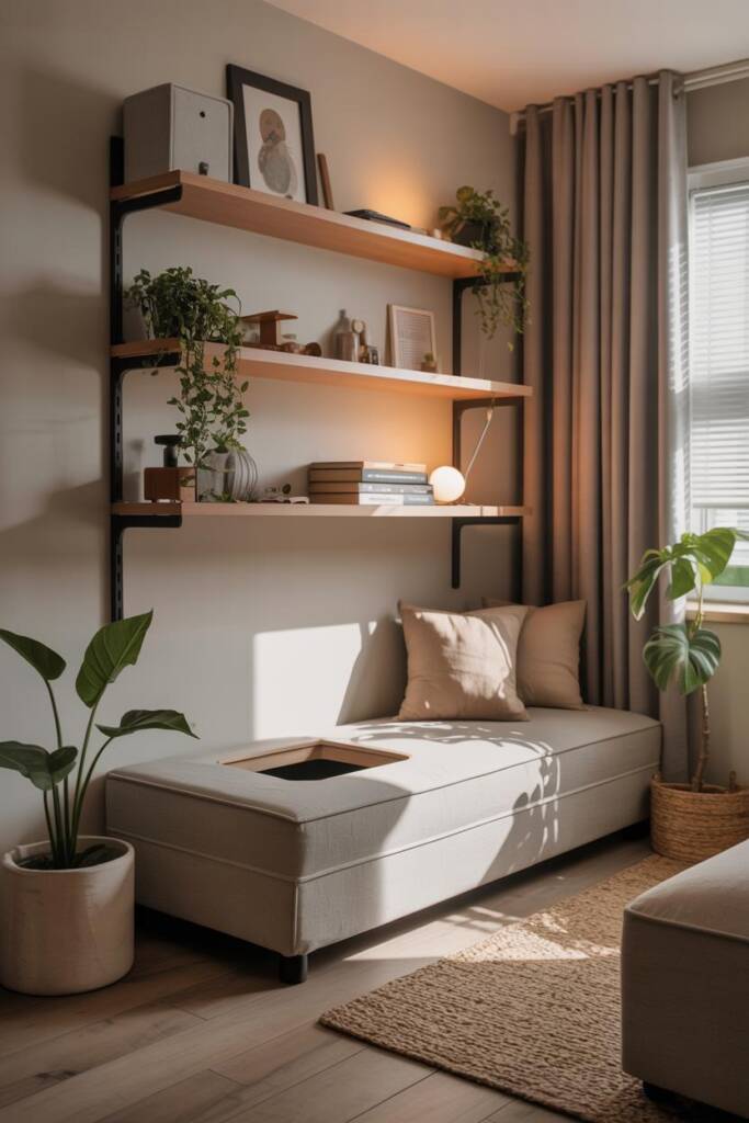 Innovative pet furniture for small apartments, featuring wall-mounted shelves and hidden litter solutions.