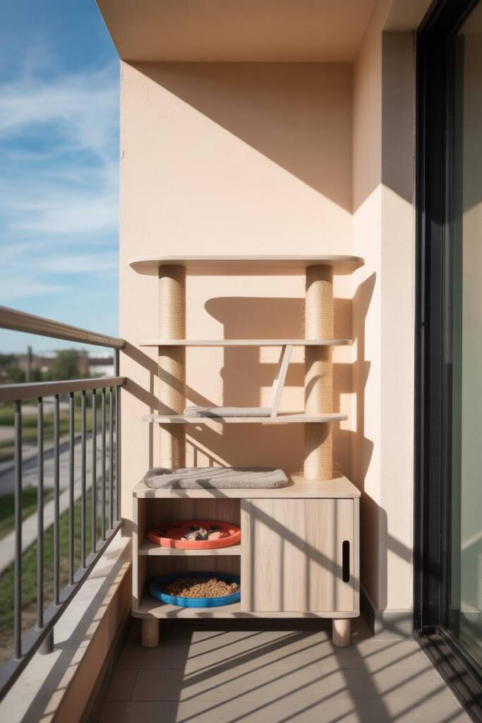 A clever cat tree with built-in storage keeps toys tucked away while offering scratching posts and climbing fun for cats and