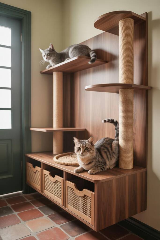 A clever cat tree with built-in storage keeps toys tucked away while offering scratching posts and climbing fun for cats and